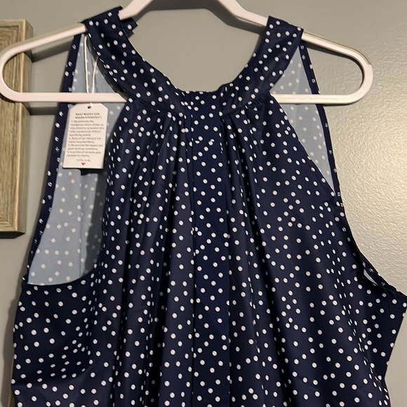 Navy blue belted polka dot ankle length dress. - Picture 3 of 5